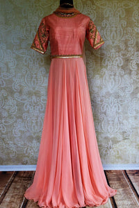 Buy pink embroidered georgette and raw silk Anarkali suit online in USA. Pure Elegance store brings exquisite range of designer Indian Anarkali suits in USA for every occasion.-full view