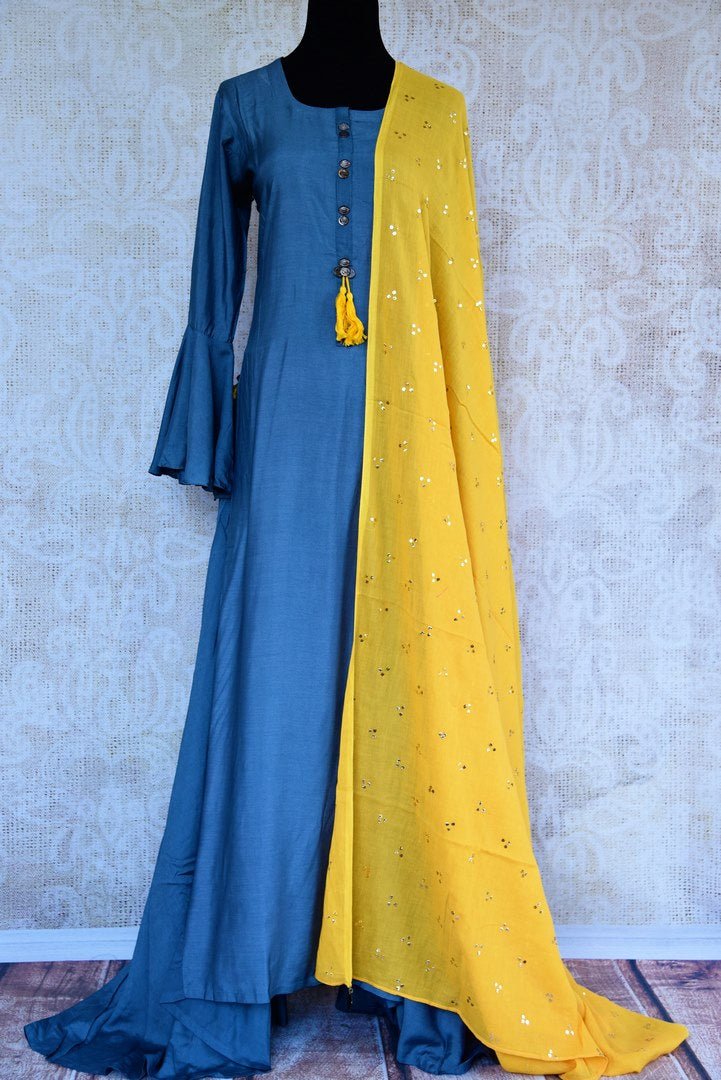 Buy blue floor length chanderi suit online in USA with dupatta. Pure Elegance fashion store brings an alluring range of Indian designer salwar suits in USA for women.-full view
