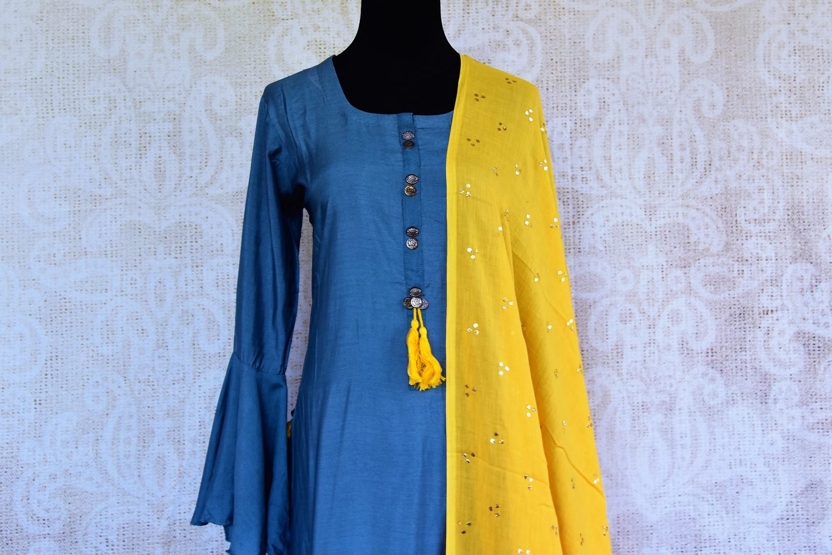 Buy blue floor length chanderi suit online in USA with dupatta. Pure Elegance fashion store brings an alluring range of Indian designer salwar suits in USA for women.-top front