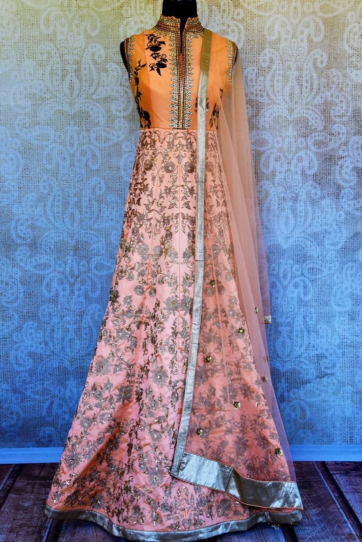 Buy peach raw silk embroidered Anarkali suit online in USA with dupatta. Pure Elegance fashion store brings an exclusive range of Indian Anarkali suits in USA for women.-full view