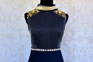 Buy blue embroidered georgette Anarkali suit online in USA with dupatta. Pure Elegance fashion store brings an exclusive range of Indian designer Anarkali suits in USA.-top front