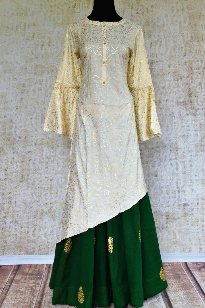 Buy offwhite chanderi khari print kurta with green skirt online in USA. Pure Elegance store brings exquisite range of Indian designer dresses in USA for every occasion.-full view