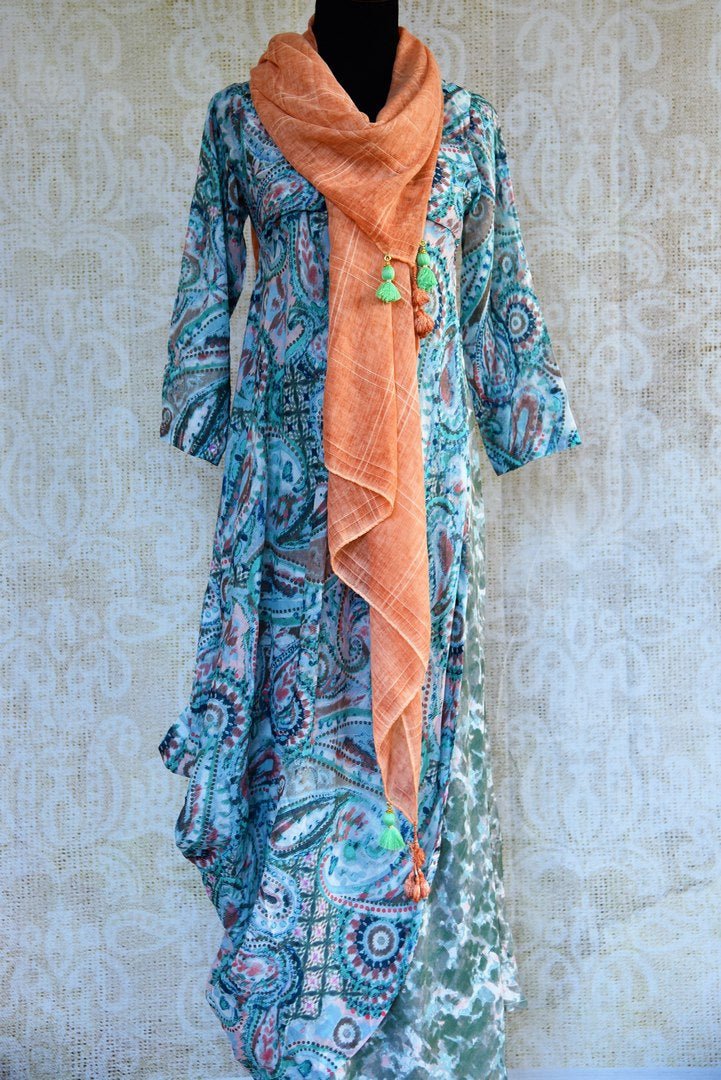 Buy Blue Printed Cotton Silk Dress Online at Pure Elegance in USA Buy Blue Printed Cotton Silk Dress Online at Pure Elegance in USA