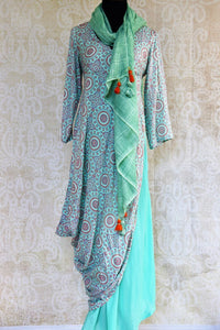 Buy green printed cotton silk Indowestern dress online in USA. Pure Elegance clothing store brings a exquisite range of Indian designer dresses for online shopping in USA. -full view