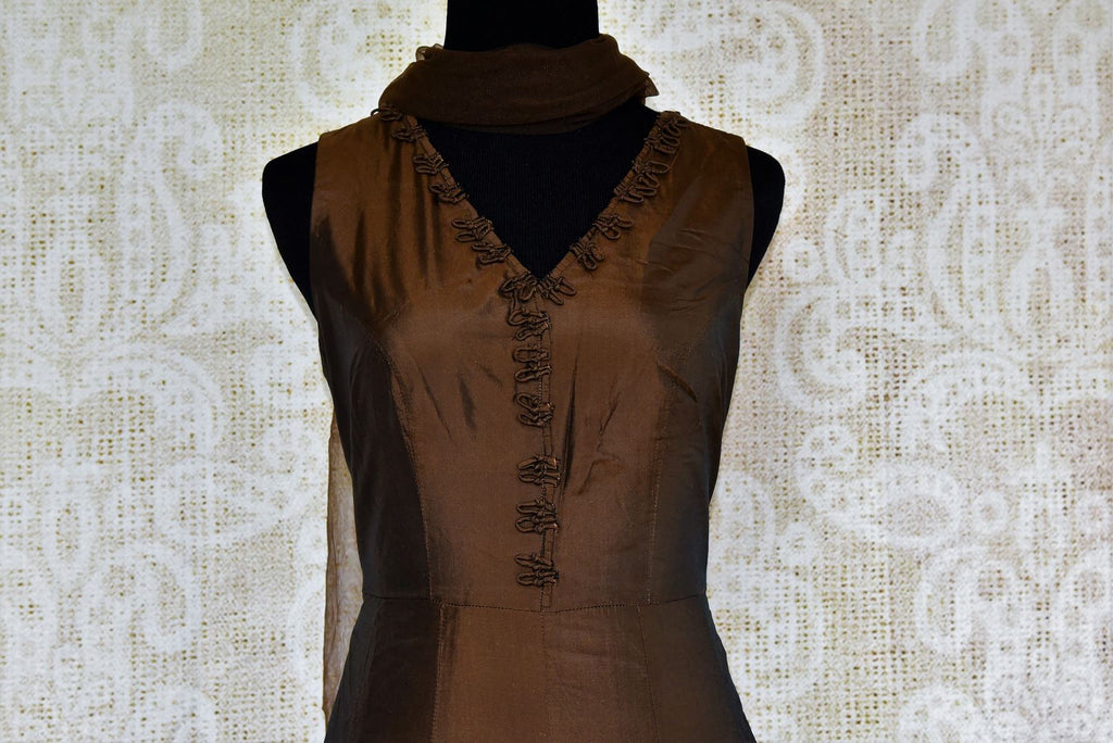 Buy brown and green silk applique Anarkali suit online in USA. Pure Elegance fashion store brings exquisite collection of Indian designer dresses suits in USA.- top front