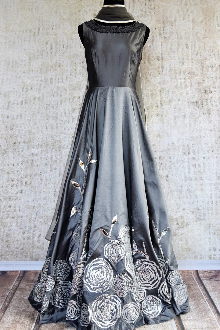 Buy grey silk leather applique Anarkali suit online in USA. Pure Elegance clothing store brings an exquisite range of Indian designer dresses for online shopping in USA.-full view