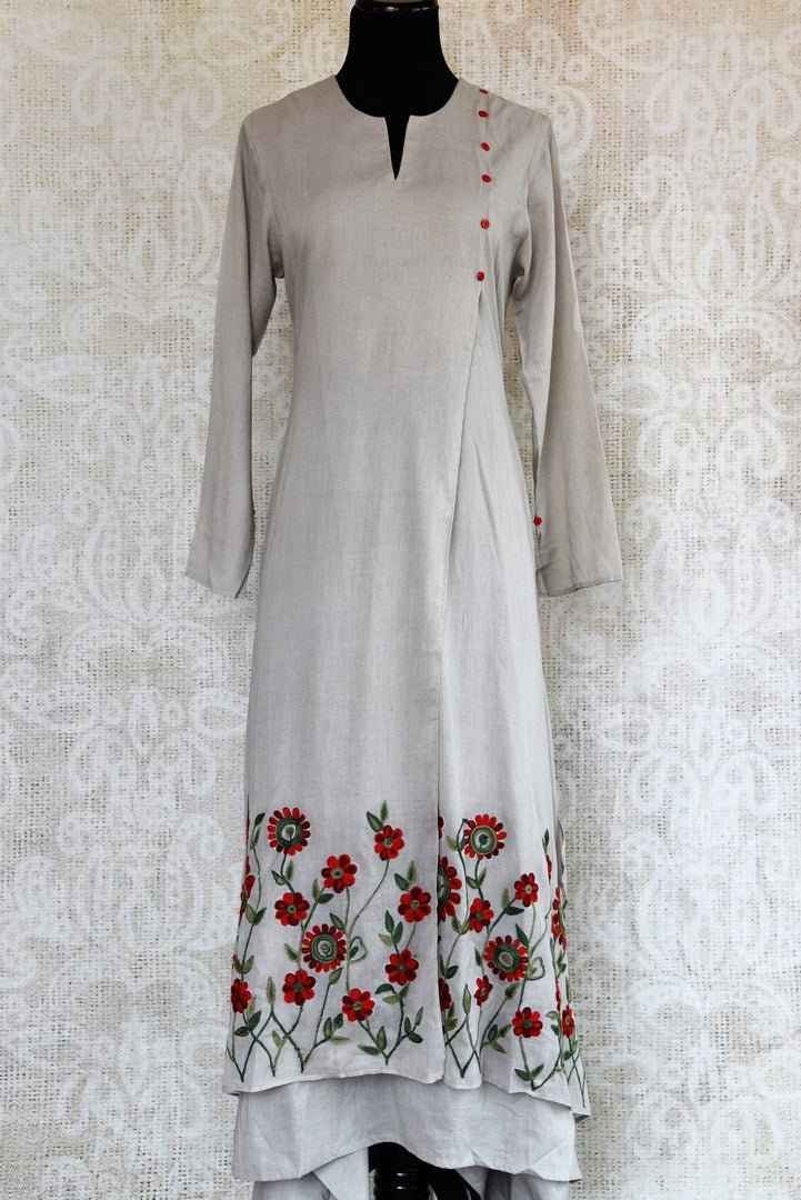 Buy grey embroidered chanderi suit online in USA. Pure Elegance clothing store brings an exquisite range of Indian designer suits for online shopping in USA. -full view