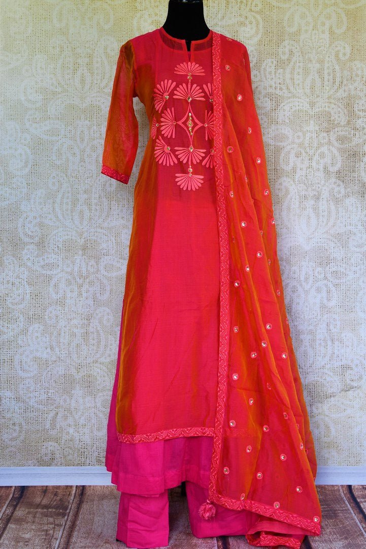 Buy pink embroidered chanderi suit online in USA. Pure Elegance fashion store brings a stunning collection of Indian formal dresses in USA for parties and weddings.-full view