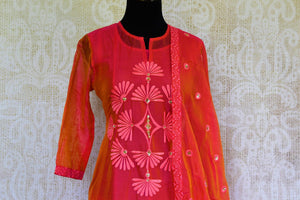 Buy pink embroidered chanderi suit online in USA. Pure Elegance fashion store brings a stunning collection of Indian formal dresses in USA for parties and weddings.-top front