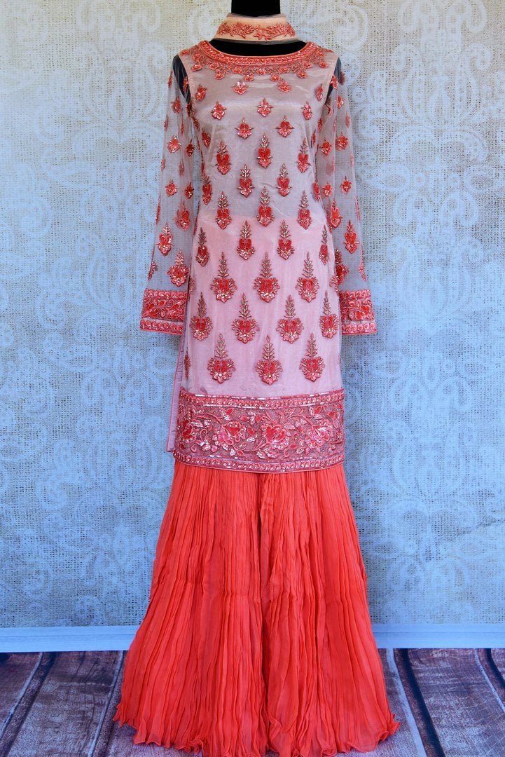 Buy peach embroidered net georgette sharara online in USA. Pure Elegance clothing store brings an exquisite range of Indian designer wedding dresses in USA. Shop online.-full view