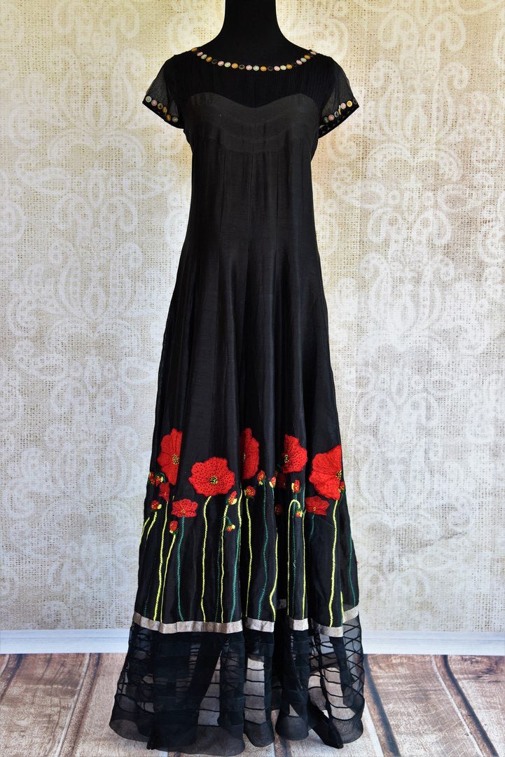 Buy black embroidered silk and net dress online in USA. Pure Elegance clothing store brings an exquisite range of Indian designer formal dresses online in USA. Shop online-full view