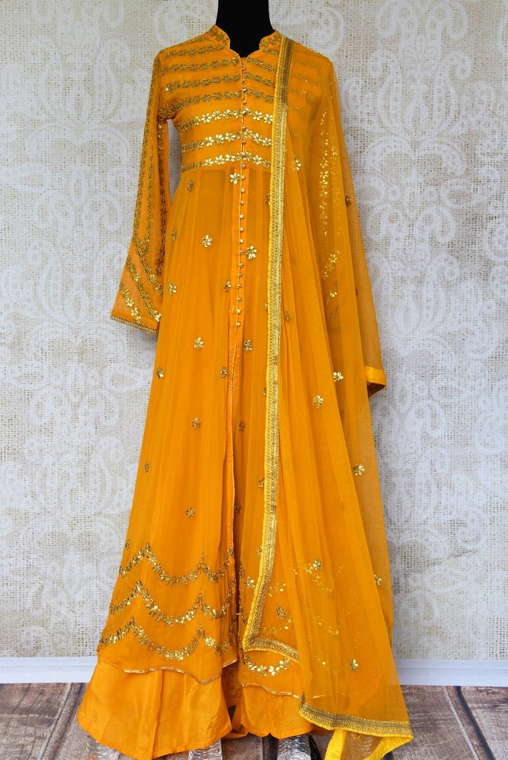 Buy yellow gota patti embroidered suit with dupatta online in USA. Pure Elegance clothing store brings an exquisite range of Indian dresses in USA. Shop online.-full view