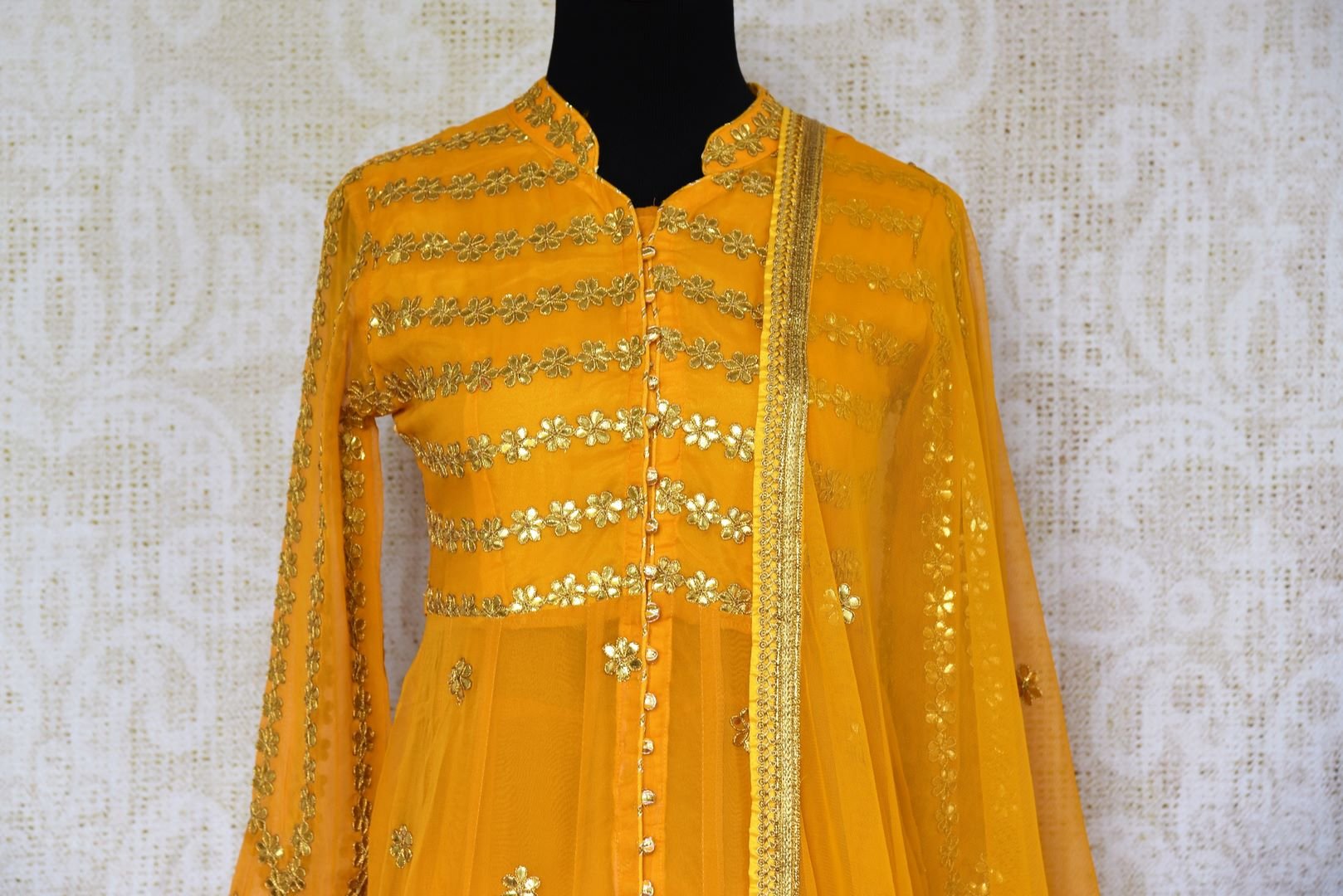 Buy yellow gota patti embroidered suit with dupatta online in USA. Pure Elegance clothing store brings an exquisite range of Indian dresses in USA. Shop online.-top
