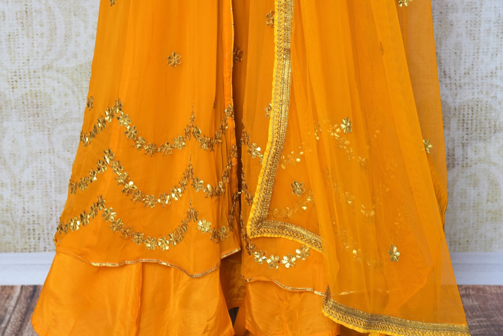 Buy yellow gota patti embroidered suit with dupatta online in USA. Pure Elegance clothing store brings an exquisite range of Indian dresses in USA. Shop online.-palazzo
