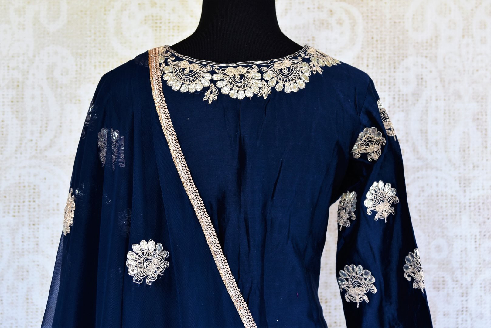 Buy navy blue embroidered cotton linen sharara suit with dupatta online in USA. Pure Elegance clothing store brings an exquisite range of Indian dresses in USA. -back