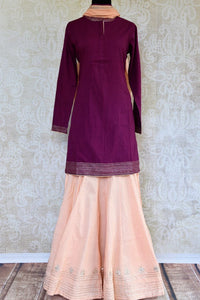 Buy purple and peach embroidered kurta and palazzo with dupatta online in USA. Pure Elegance clothing store brings an exquisite range of Indian designer dresses in USA. -full view