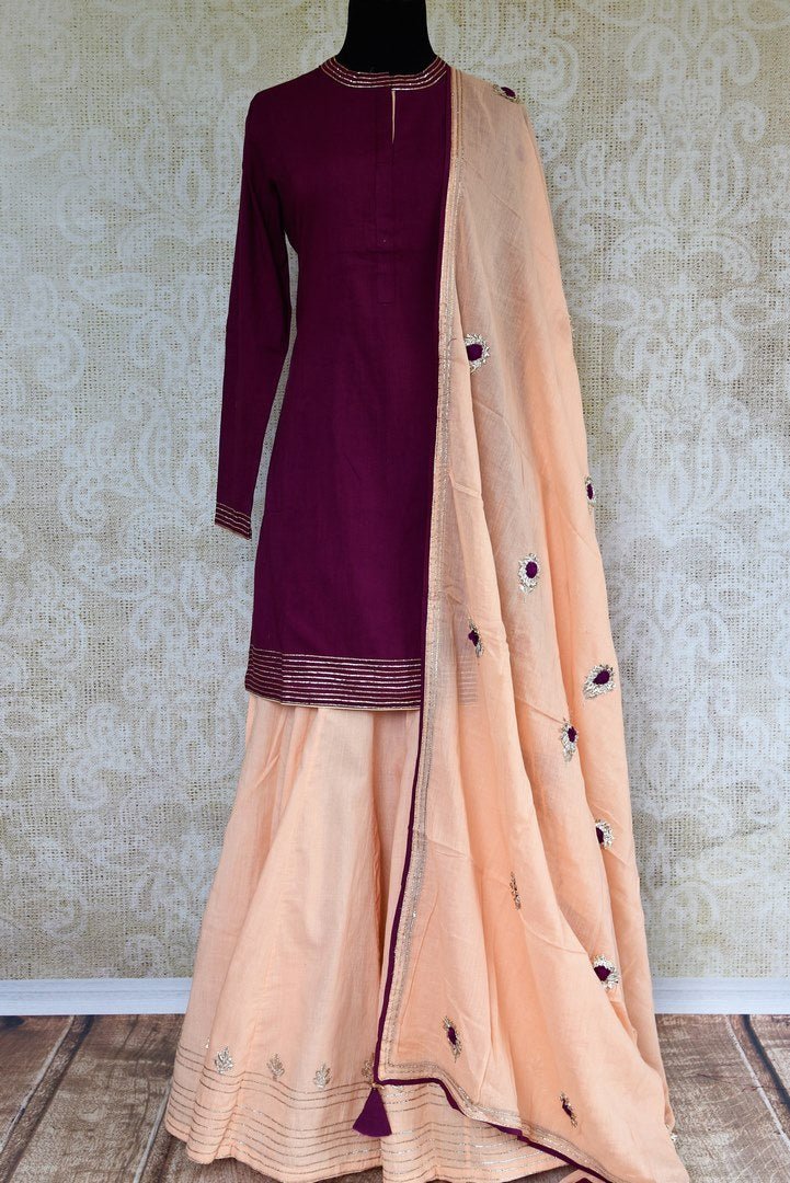 Buy purple and peach embroidered kurta and palazzo with dupatta online in USA. Pure Elegance clothing store brings an exquisite range of Indian designer dresses in USA. -full view 2