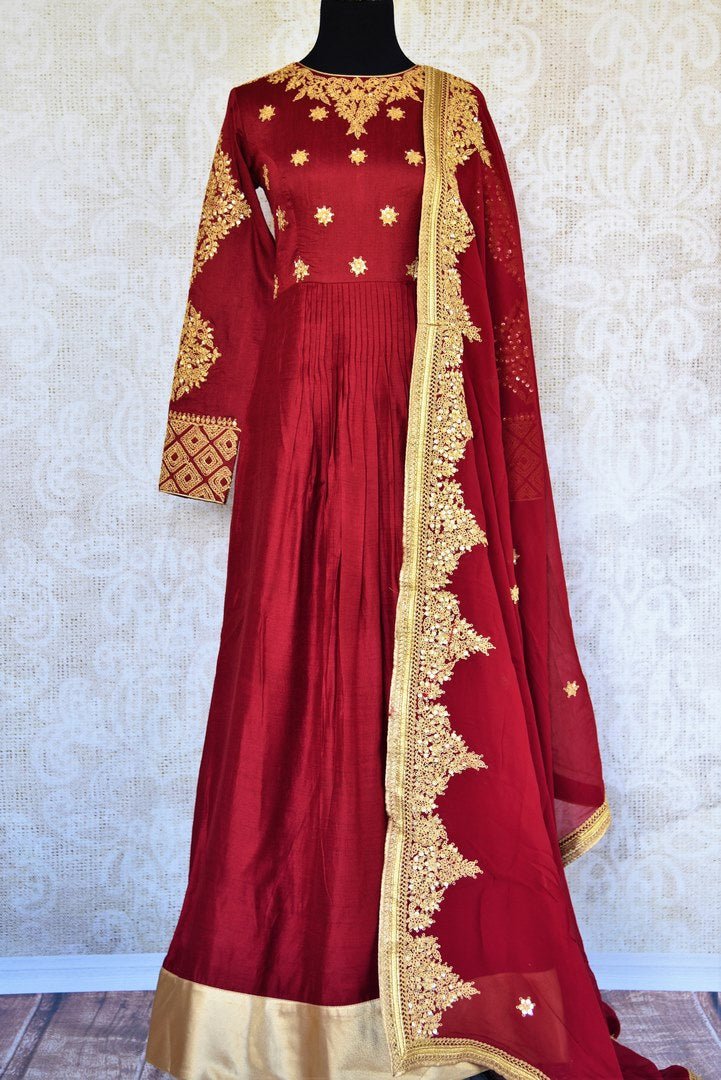 Buy maroon gota patti embroidered chanderi Anarkali suit online in USA. Pure Elegance clothing store brings an exquisite range of Indian Anarkali suits in USA. -full view