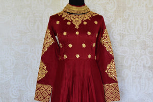 Buy maroon gota patti embroidered chanderi Anarkali suit online in USA. Pure Elegance clothing store brings an exquisite range of Indian Anarkali suits in USA. -front