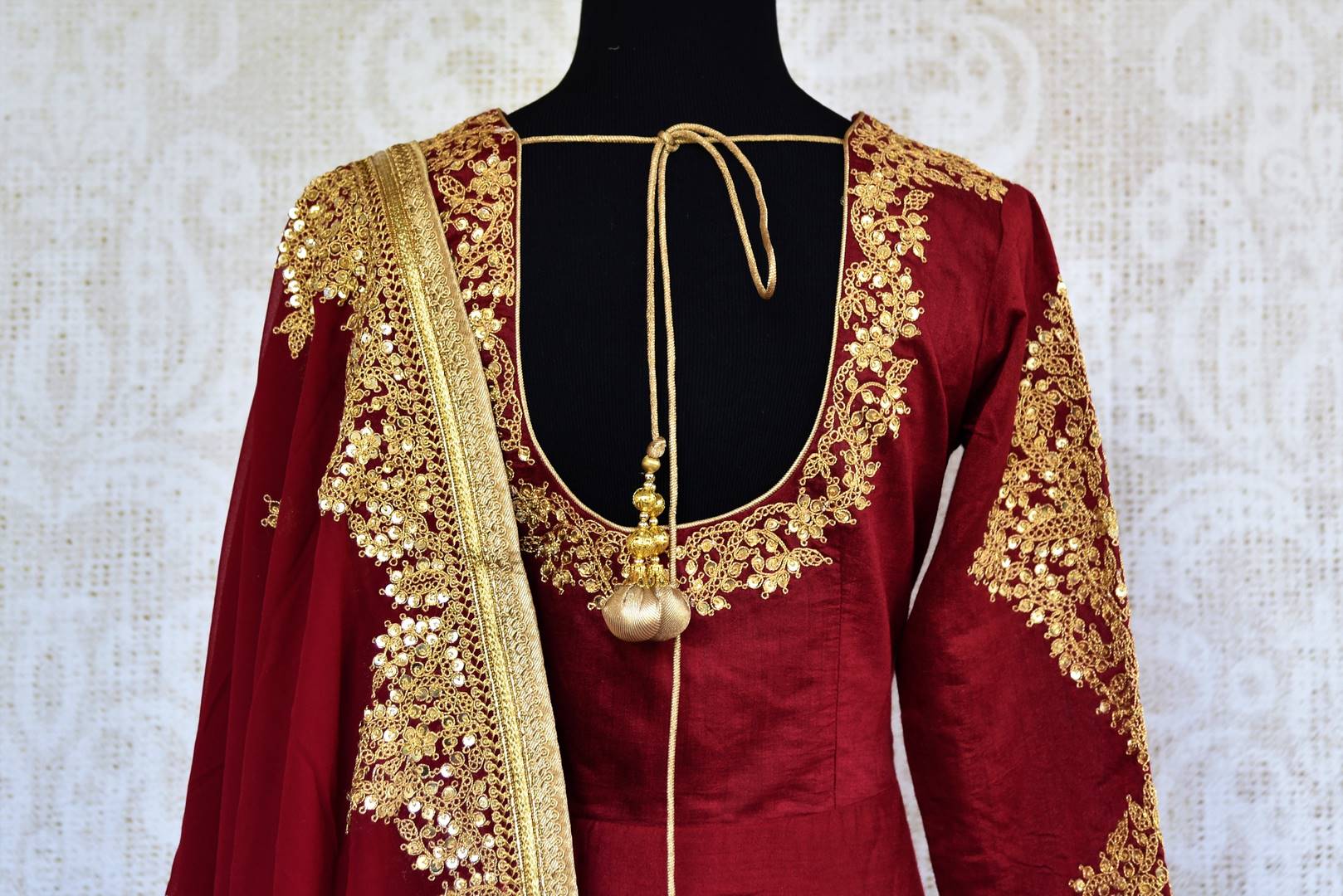 Buy maroon gota patti embroidered chanderi Anarkali suit online in USA. Pure Elegance clothing store brings an exquisite range of Indian Anarkali suits in USA. -back