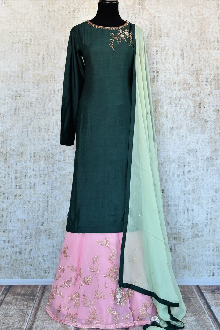 Shop green and pink embroidered chanderi georgette sharara dress online in USA. Pure Elegance fashion store brings an exquisite range of Indian designer dresses in USA for women. -full view