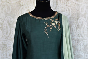 Shop green and pink embroidered chanderi georgette sharara dress online in USA. Pure Elegance fashion store brings an exquisite range of Indian designer dresses in USA for women. -kurta