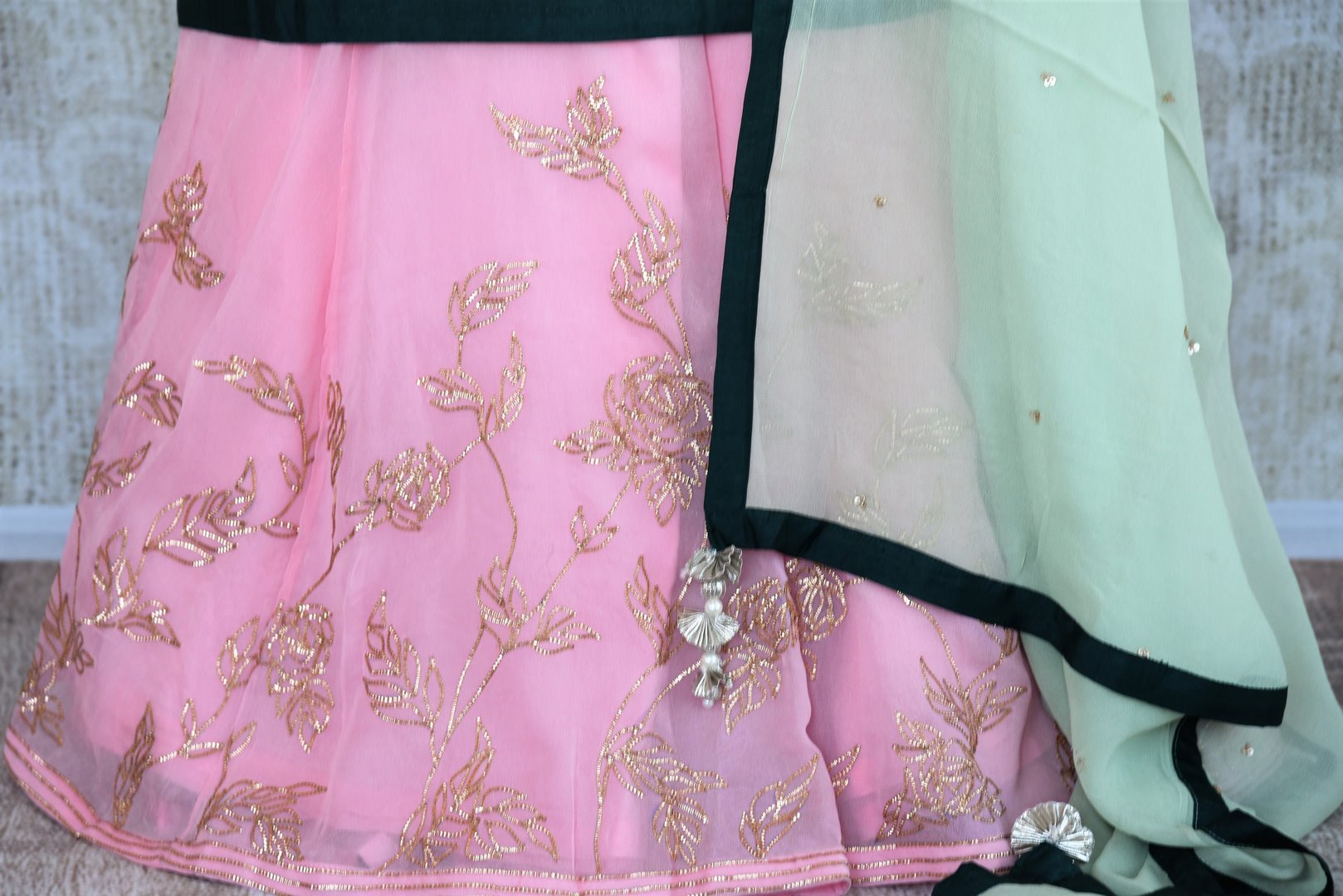 Shop green and pink embroidered chanderi georgette sharara dress online in USA. Pure Elegance fashion store brings an exquisite range of Indian designer dresses in USA for women. -skirt