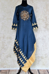 Buy blue chanderi silk embroidered asymmetric dress online in USA. Pure Elegance fashion store brings an exquisite range of Indian dresses in USA for party.  -full view