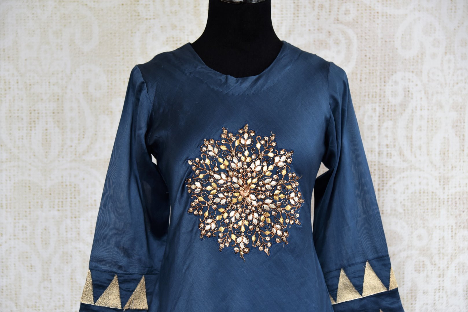 Buy blue chanderi silk embroidered asymmetric dress online in USA. Pure Elegance fashion store brings an exquisite range of Indian dresses in USA for party. -top