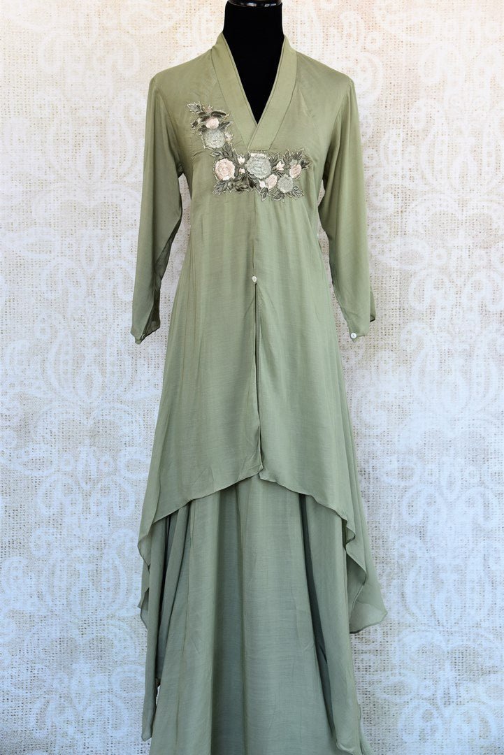 Buy olive green embroidered chanderi silk Indowestern dress online in USA. Pure Elegance fashion store brings an exquisite range of Indian dresses in USA for women. -full view