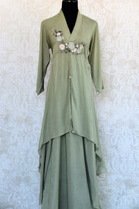 Buy olive green embroidered chanderi silk Indowestern dress online in USA. Pure Elegance fashion store brings an exquisite range of Indian dresses in USA for women. -full view