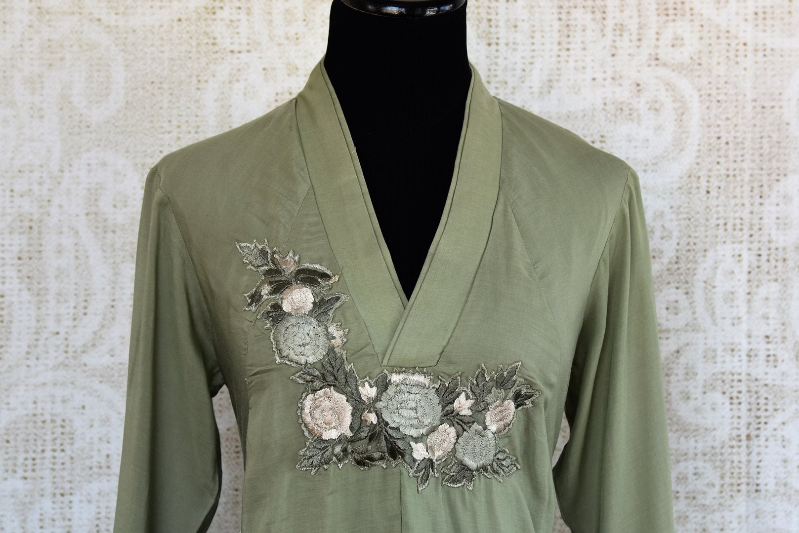 Buy olive green embroidered chanderi silk Indowestern dress online in USA. Pure Elegance fashion store brings an exquisite range of Indian dresses in USA for women. -neckline