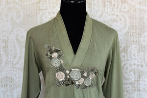 Buy olive green embroidered chanderi silk Indowestern dress online in USA. Pure Elegance fashion store brings an exquisite range of Indian dresses in USA for women. -neckline