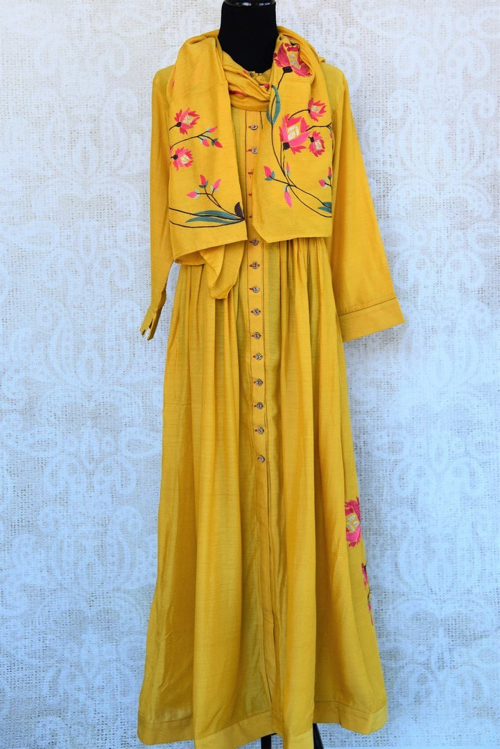 Buy yellow embroidered chanderi silk Indowestern dress online in USA. Pure Elegance fashion store brings an exquisite range of Indian designer dresses in USA for women. -full view