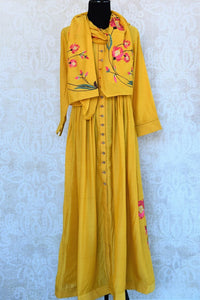 Buy yellow embroidered chanderi silk Indowestern dress online in USA. Pure Elegance fashion store brings an exquisite range of Indian designer dresses in USA for women. -full view