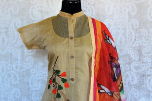Buy beige embroidered chanderi suit with dupatta online in USA.  Elevate your Indian look with beautiful designer suits  at Pure Elegance Clothing Store in USA. -kurta closeup