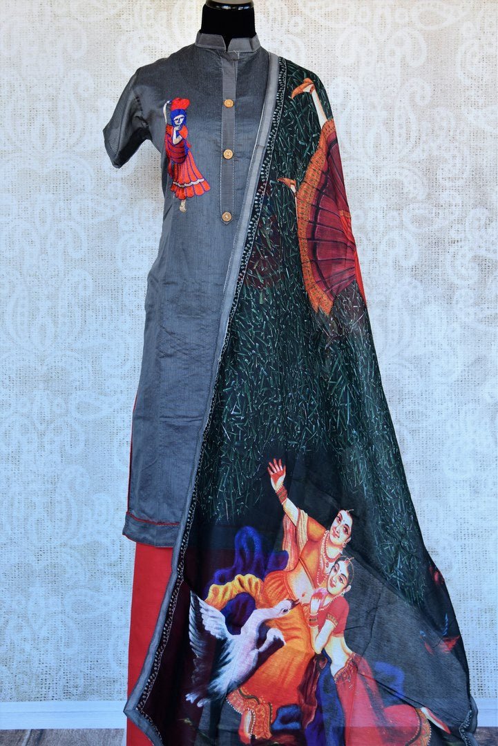 Buy grey embroidered chanderi suit online in USA.  Elevate your Indian look with beautiful designer salwar suits at Pure Elegance Indian Clothing Store in USA. -full view