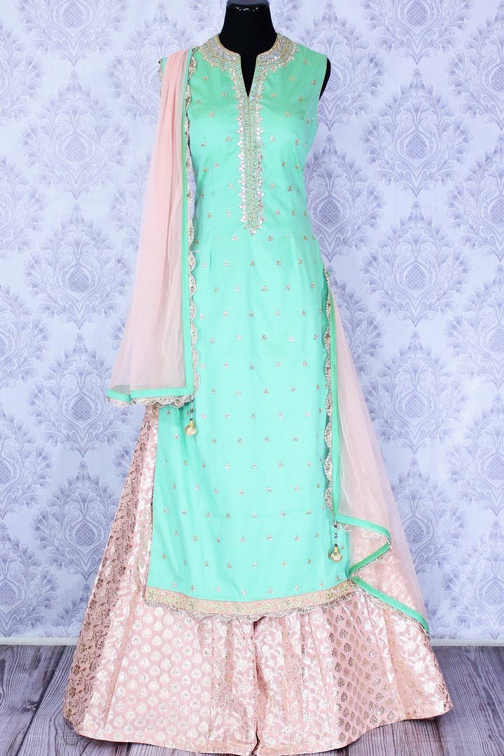 Beautiful green embroidered silk kurta palazzo set buy online in USA. The traditional dress is perfect for an alluring Indian look at special occasions. Buy more such Indian party dresses in USA at Pure Elegance, visit our exclusive clothing store in USA or shop online.-full view