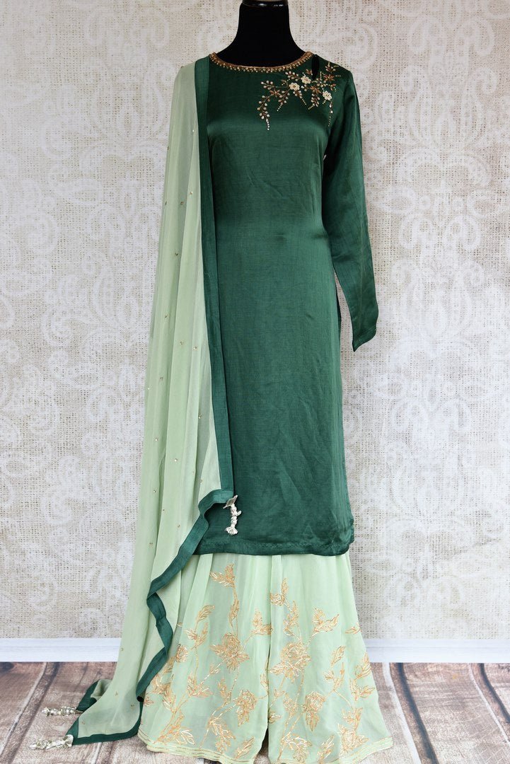 Buy beautiful embroidered green chanderi kurta with palazzo online in USA. The attire is beautifully adorned with kundan work which makes it so exquisite. Get floored by an exclusive collection of Indian formal dresses in USA available at Pure Elegance clothing store or shop online.-full view