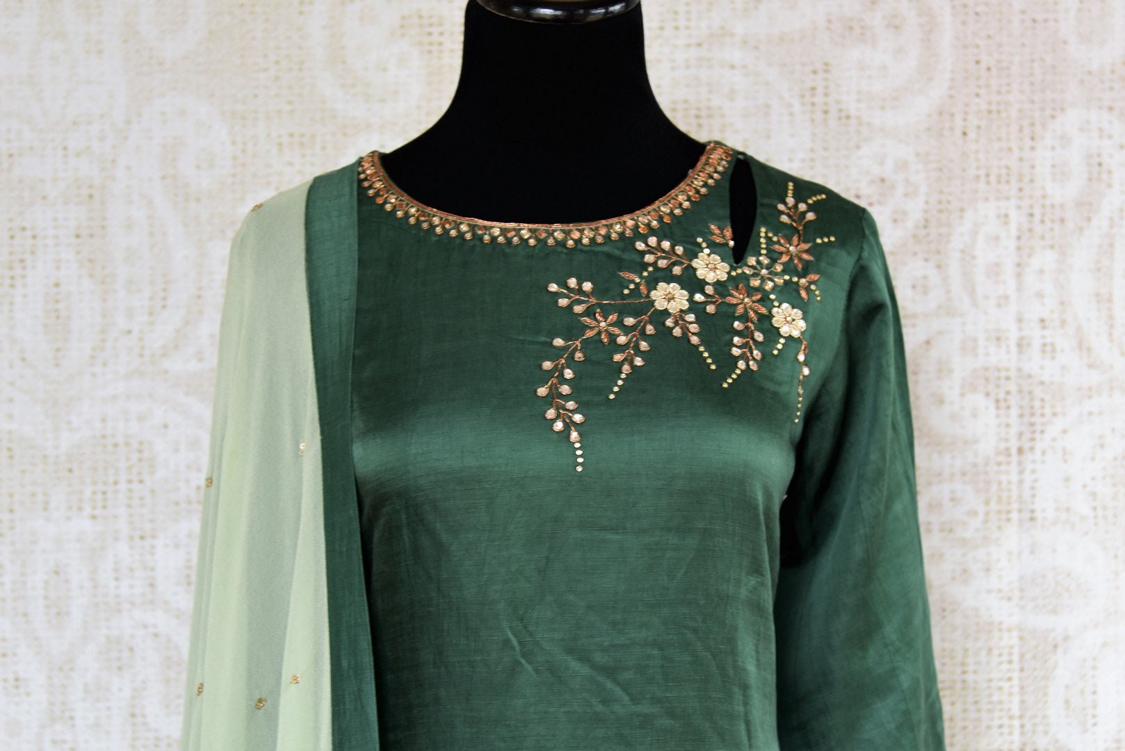 Buy beautiful embroidered green chanderi kurta with palazzo online in USA. The attire is beautifully adorned with kundan work which makes it so exquisite. Get floored by an exclusive collection of Indian formal dresses in USA available at Pure Elegance clothing store or shop online.-front