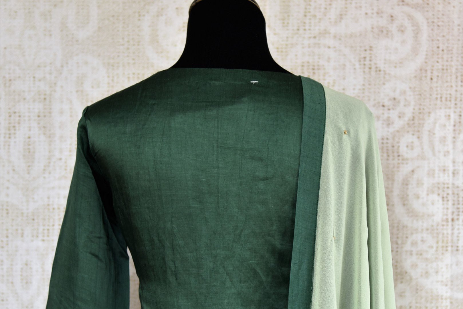 Buy beautiful embroidered green chanderi kurta with palazzo online in USA. The attire is beautifully adorned with kundan work which makes it so exquisite. Get floored by an exclusive collection of Indian formal dresses in USA available at Pure Elegance clothing store or shop online.-back