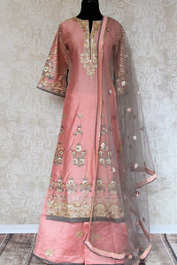 Buy pink gota pattu embroidery chanderi suit with palazzo online in USA. Radiate ethnic elegance at special occasions with this absolutely striking Indian attire. Add more such traditional Indian designer suits to your wardrobe, available at Pure Elegance clothing store in USA for women or you can also shop online. -full view