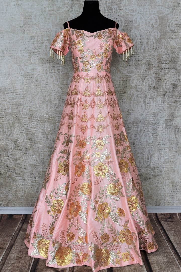 Buy Pastel Pink Gota Patti Embroidered Designer Gown Dress Online