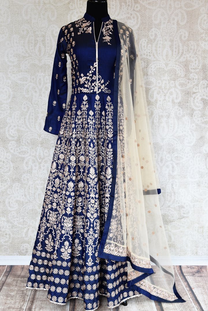 Buy royal blue embroidered floor length Anarkali suit online in USA. The beautiful ensemble is a stunning choice for weddings and parties. Get floored by an exquisite collection of Indian wedding dresses in USA available at Pure Elegance clothing store or shop online.-full view