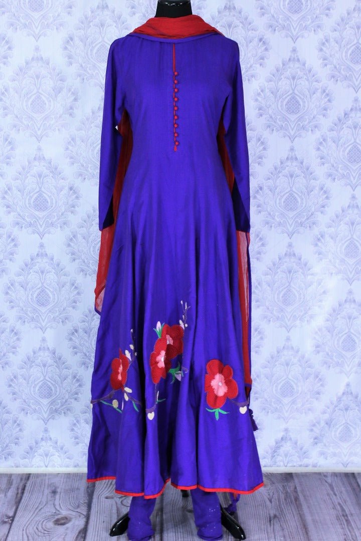 Beautiful ink blue embroidered churidaar suit with dupatta for online shopping in USA. A perfect choice to keep simple and ethnic at special occasions. Add latest Indian designer suits to your ethnic wardrobe available at Pure Elegance Clothing store in USA for women.-full view