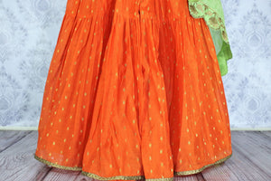 Bright orange embroidered sharara suit with dupatta for online shopping in USA. A beautiful choice for a striking ethnic Indian look at special occasions. Add latest Indian designer dresses to your ethnic wardrobe available at Pure Elegance Clothing store in USA for women.-bottom