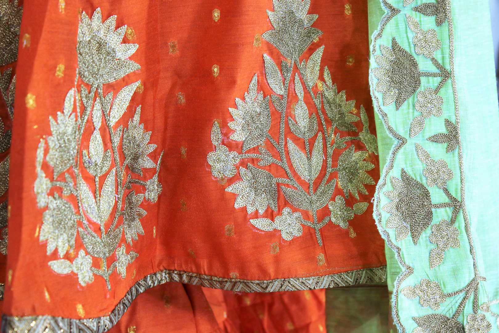 Bright orange embroidered sharara suit with dupatta for online shopping in USA. A beautiful choice for a striking ethnic Indian look at special occasions. Add latest Indian designer dresses to your ethnic wardrobe available at Pure Elegance Clothing store in USA for women.-details