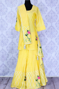 Lemon yellow embroidered sharara suit with dupatta buy online in USA. A beautiful choice for a striking ethnic Indian look at special occasions. Add latest Indian designer dresses to your ethnic wardrobe available at Pure Elegance Clothing store in USA for women.-full view