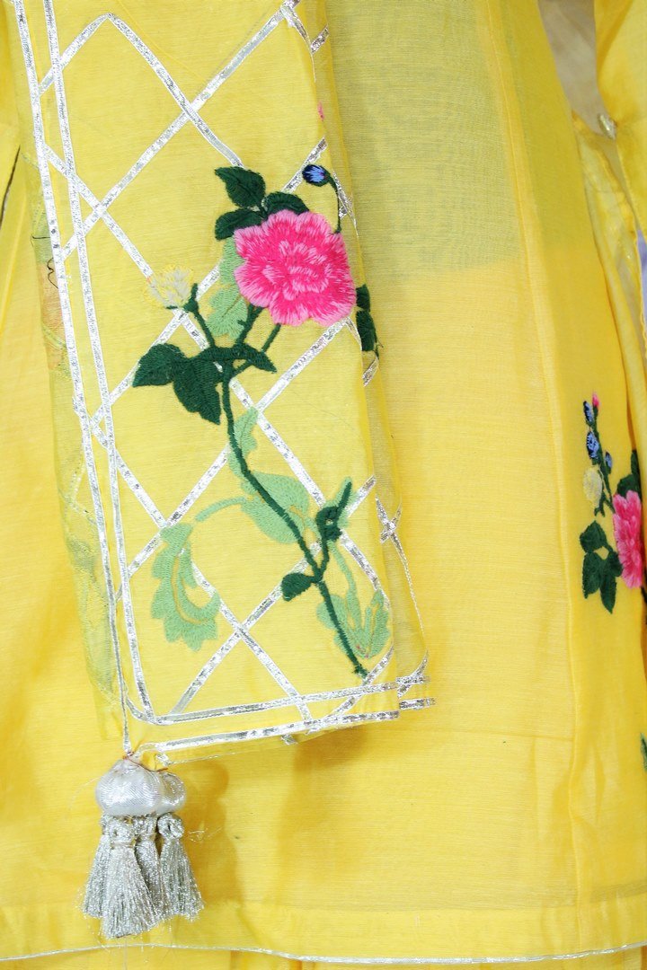 Lemon yellow embroidered sharara suit with dupatta buy online in USA. A beautiful choice for a striking ethnic Indian look at special occasions. Add latest Indian designer dresses to your ethnic wardrobe available at Pure Elegance Clothing store in USA for women.-details