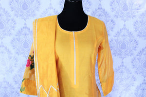 Beautiful yellow embroidered sharara suit with dupatta buy online in USA. A stunning choice for a striking ethnic Indian look at special occasions. Add latest Indian designer suits to your ethnic wardrobe available at Pure Elegance Clothing store in USA for women.-top
